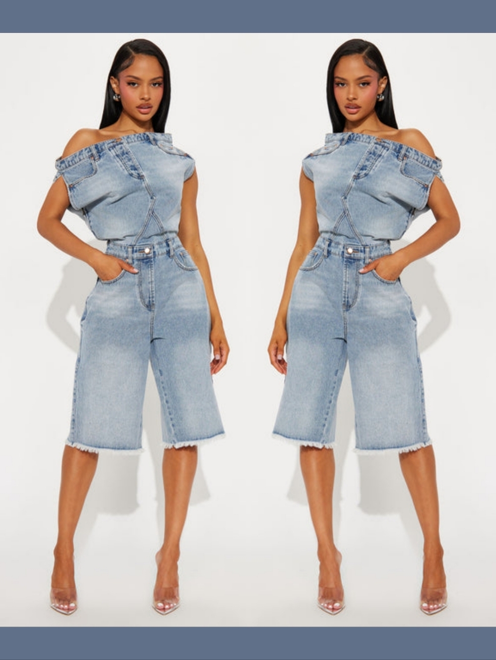 Fashion Nova Light Wash One-Shoulder Denim Jumpsuit
